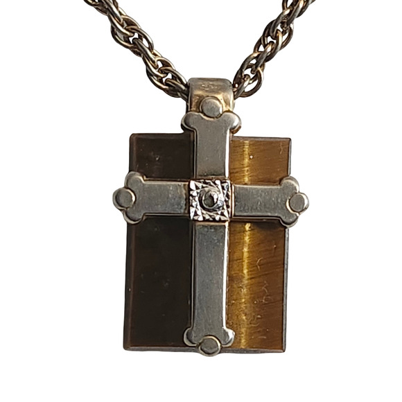 Vtg 1970s Pierre Cardin Tiger Eye Cross Gold Plated Necklace - Picture 1 of 6